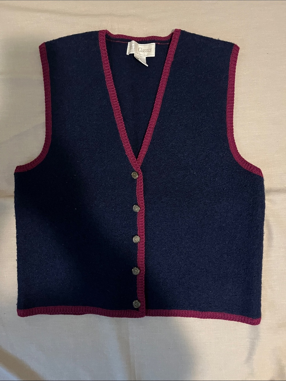 Classic Navy V‑Neck Buttoned Knit Vest with Berry Trim 100% Wool